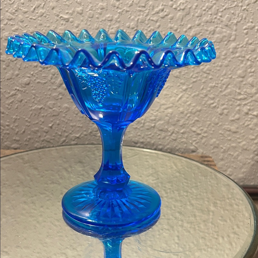 Blue Glass Ruffled Edge Compote, Cottage Core, Boho chic - Picture 2 of 10